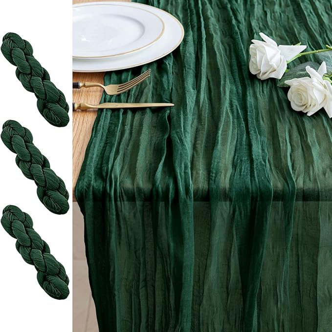 3PCS Table Runner Cheesecloth 10FT Emerald Green Boho Gauze Cheese Cloth Rustic Sheer Table Runners for Wedding Bridal Baby Shower Party Decoration