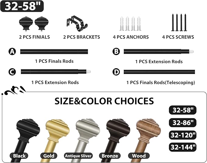 Black Curtain Rod 32 to 58 Inch(2.6 to 4.8 ft) with Brackets, USFOOK 7/8 Inch Splicing Single Curtain Rods for Windows 20 to 54 In, Adjustable Decorative Curtain Pole with Square Finials