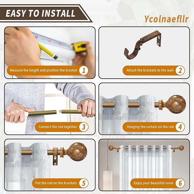 Wood Curtain Rods for windows 84 to 120 Inch(7-10ft): 1 Inch Adjustable Heavy Duty Curtain Rod,Netted Wood Grain Window Curtains Rods for Farmhouse,Living room, bedroom, kitchen, etc. Size:36-120"