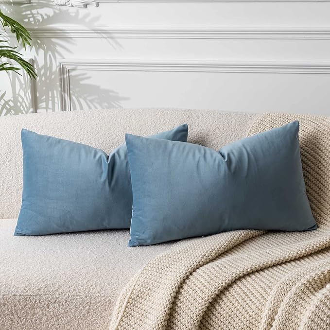 JUSPURBET Light Blue Lumbar Velvet Throw Pillow Covers 16x24 inch Set of 2 for Living Room Couch Sofa Bedroom Decorative Rectangle Solid Soft Cushion Cases with Invisible Zipper