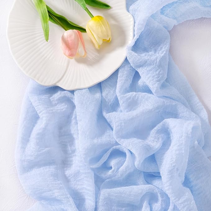 Socomi Blue Valentine's Day Gauze Cheesecloth Table Runner 120 Inch Rustic Boho Cheese Cloth Runner for Wedding Party Baby Bridal Shower Centerpiece Decoration Holiday Home Decorations
