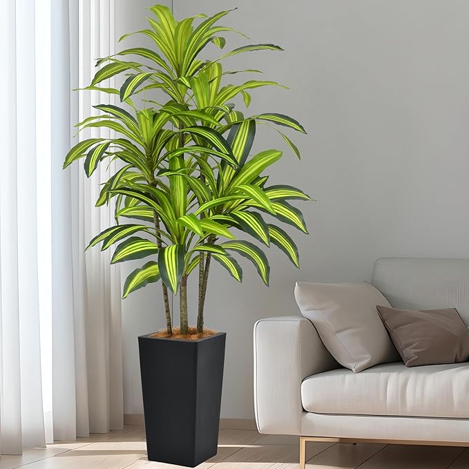Artificial Dracaena Tree 5FT(60in) Tall Fake Silk Yucca Tree with Black Planter, Faux Floor Potted Artificial Plants for Home Office Living Room Indoor Decor (5feet,Tall Pot)