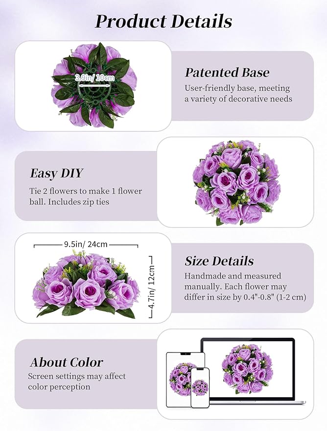 BLOSMON Flower Balls Wedding Rose Centerpieces: 2 Pcs Fake Flowers with Base White Kissing Balls Decor White Artificial Floral Arrangements Flower Bouquet of Roses Home Party Table DIY Decorations
