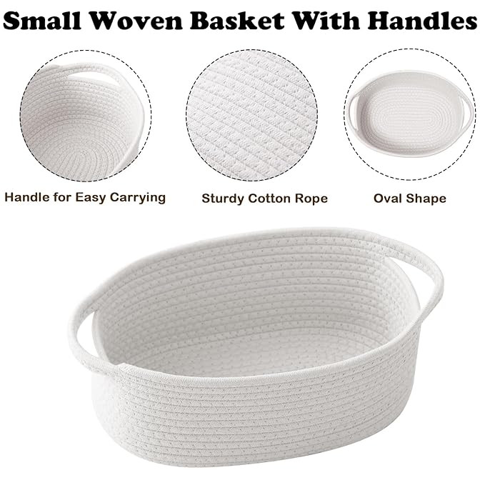 3 Pack Small Woven Rope Basket-Empty Gifts Basket with Bag and Ribbons,Cute Handle Organizer Box for Birthday/Baby Shower, Toy Storage, Nursery Organizing & Shelf Decor(White)