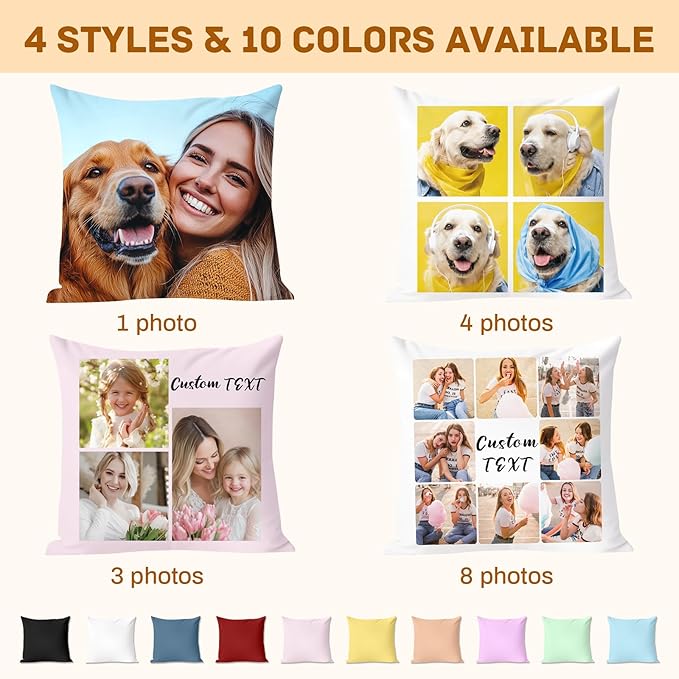 Custom Pillow with Picture & Text - Include Insert, Personalized Gifts for Mothers Day, Custom Photo Pillow Double-Sided Printing | 5 Sizes & 10 Colors Optional, Custom Keepsake Gifts for Loved One