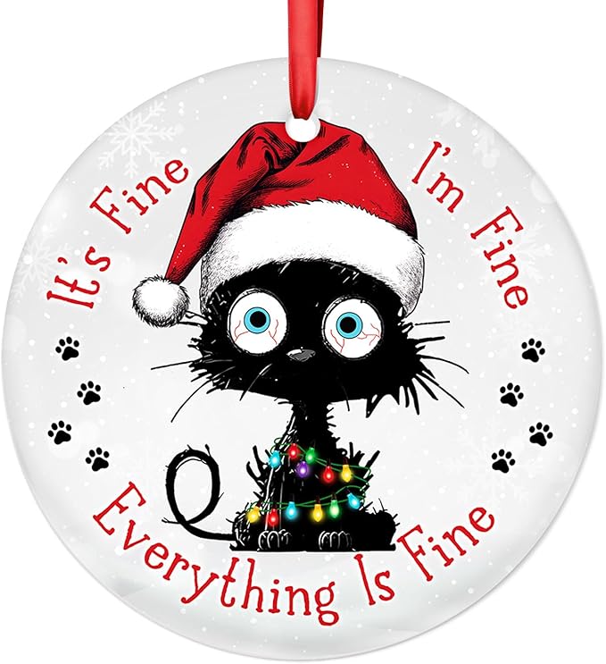 Everything is Fine Cat Ornament – Black Cat Ceramic Hanging Decor 2025, Funny Christmas Ornaments, Coworker Office Keepsake Gift