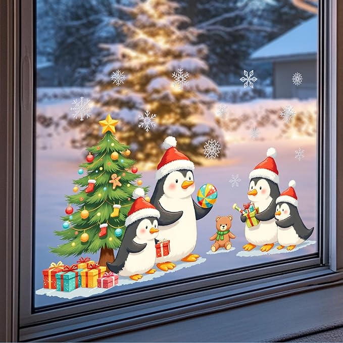 Penguin Christmas Wall Decals | Peel and Stick Holiday Decorations with Santa Hats, Gifts & Tree – Removable Snowflake Vinyl Stickers for Winter Wall, Window, Living Room, Office & Seasonal Displays