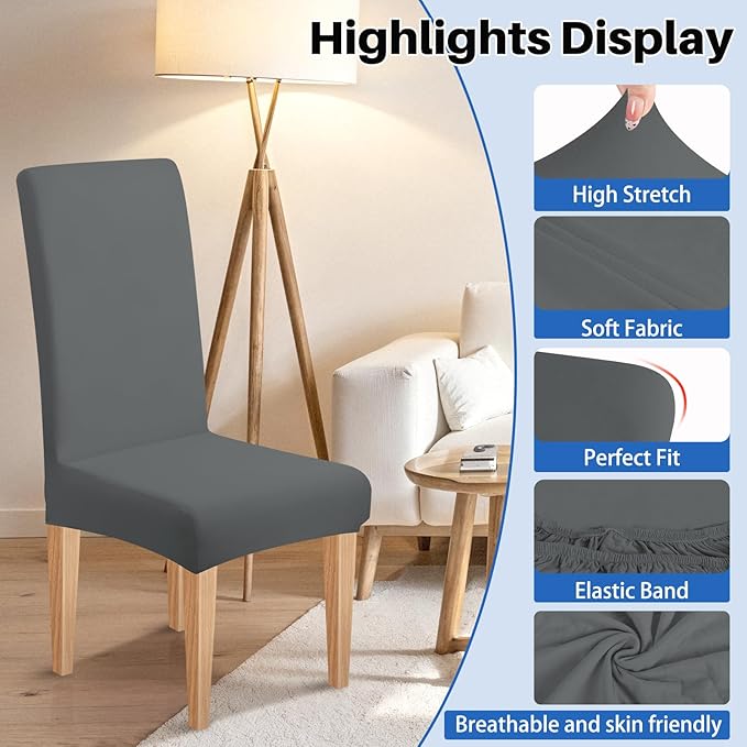 Dioxide High Stretch Chair Covers for Dining Chairs, Removable Washable Dining Chair Covers Set of 8, Soft Seat Covers Chairs Protectors for Home Kitchen Party Hotel Restaurant Banquet, Grey