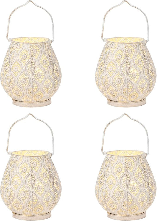 TRIROCKS Set of 4 Moroccan Decorative Lamps 8'' High Battery Powered Cordless Lamp Metal Table Lamps with Fairy Lights Bulb for Home Living Room Garden Yard Party Events Tabletop Indoor Outdoor(White)