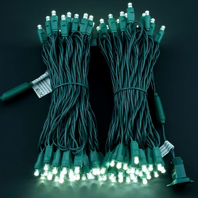 YULETIME Cool White 5MM LED Christmas Lights, 50 ft 100 Count 6" Spacing One-Piece High Waterproof Wide Angle UL Certified String Light (6“ Cool White - Green Wire)