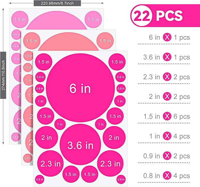 Zonon 264 Pcs Polka Dot Wall Decals for Classroom Decor Kids Circle Wall Sticker Vinyl Peel and Stick Colorful Removable for Nursery Bedroom Playroom Living Room(Pink Colors)