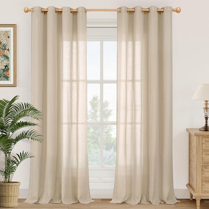 YoungsTex 95 Inch Long Linen Sheer Curtains 2 Panels for Living Room Grommet Light Filtering Natural Linen Drapes Lightweight for Bedroom Dining Room Floor Length, Light Tan, 2 Panels, 52 X 95 Inch