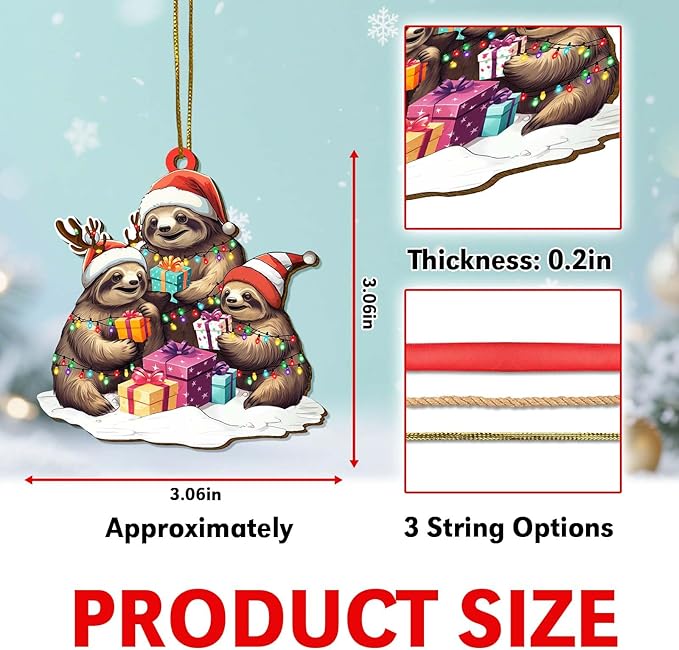 2-Sided Printed Sloth Family Wooden Christmas Ornament, Keepsake for Women, Men & Friends, Cute Sloth Christmas Tree Decoration