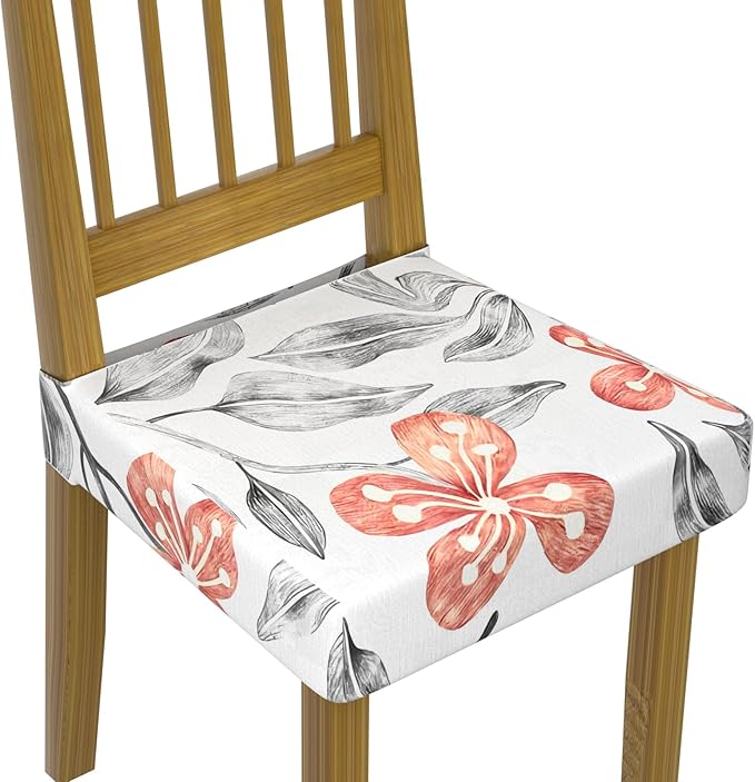 Stretch Dining Chair Seat Covers Set of 4,Dining Chair Slipcovers, Floral Printed Chair Covers,Soft Fabric Washable Upholstered Chair Seat Protector, No Rear Covers for Home Kitchen Dining Room