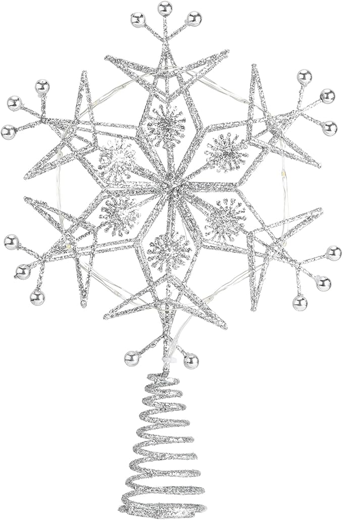 Lewondr Christmas Tree Topper, Metal Frame Snowflake Christmas Tree Topper with 15 Light Beads, USB Powered & Remote Control Tree Topper Snowflake with 6H Timer, Xmas Tree Decor for Holiday Home Decor