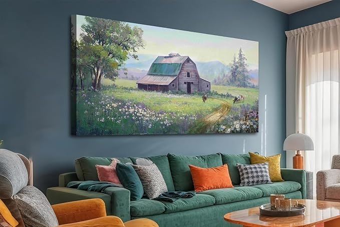 Acocifi Barn Picture Farmhouse Wall Art, Rustic Landscape Painting Farm Cow Print Textured Artwork Large Framed for Living Room Bedroom Dining Room Kitchen Office Home Decor 40"x20"