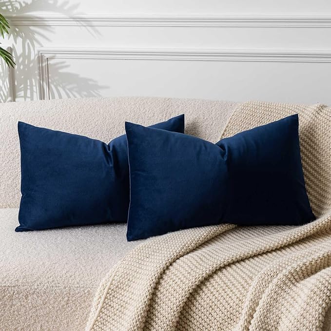 JUSPURBET Throw Pillow Covers Set of 2 Decorative Velvet Pillow Covers for Couch Sofa Bed Soft Lumbar Cushion Covers with Invisible Zipper for Living Room Home Decor,Navy Blue,14x24 inch