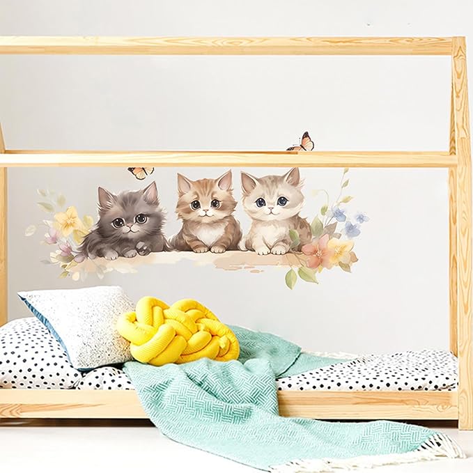 Cute Cat Wall Decals – Watercolor Kitten Wall Stickers with Flowers and Butterflies, Removable Vinyl Wall Art for Bedroom, Living Room, Office, or Home Decoration