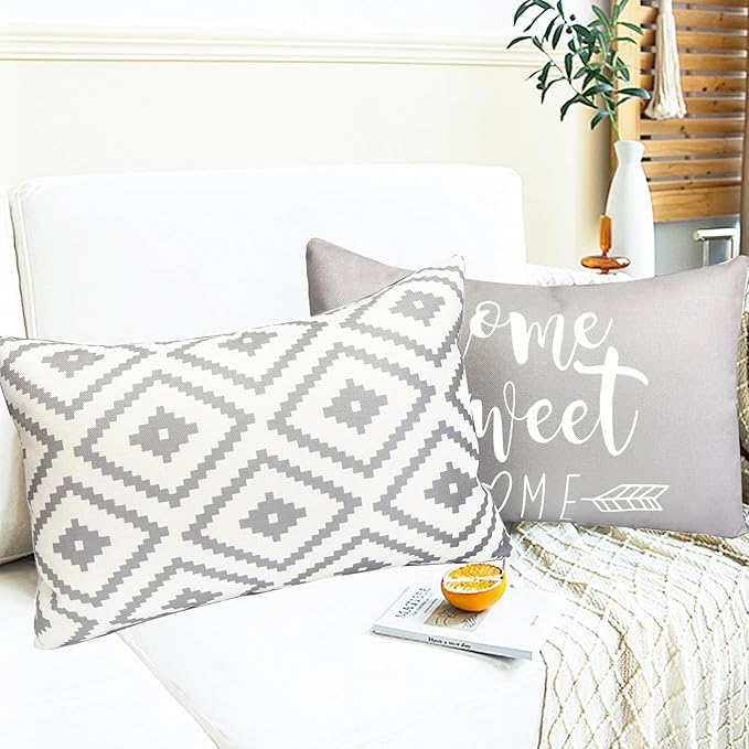 Decorative Throw Pillow Covers 12x20 inch Set of 4 Gray Pillow Covers for Couch Sofa Bed Living Room,Farmhouse Outdoor Throw Pillow Cover,Modern Geometric Linen Square Throw Pillow Case,Grey