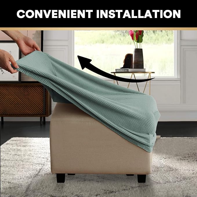PrinceDeco Stretch Ottoman Cover Ottoman Slipcovers Square for Living Room Foot Stool Stretch Covers to Fit Ottoman Foot Rest, Thick Checked Jacquard Fabric with Elastic Bottom (Medium Size, Sage)