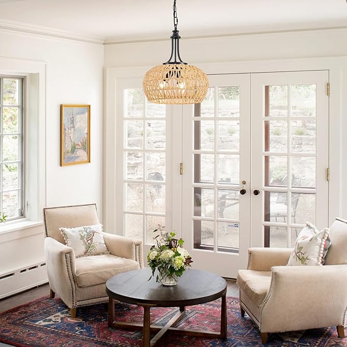 Farmhouse Chandelier Light Fixtures, 3-Light Rattan Boho Pendant Lighting Ceiling Hanging Lamp with Woven Lampshade, Coastal Hanging Light Fixtures for Dining Room Kitchen Island Living Room Entryway