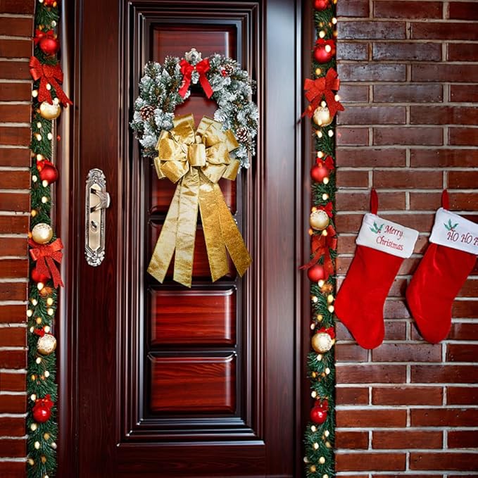On-Airstore Large Christmas Wreath Bows, Christmas Brown Gold Glitter Ribbon Bows for Wreaths, Large Tree Topper Bows for Christmas Home Garden Indoor Outdoor Party Decoration Wreath Ornament Supplies