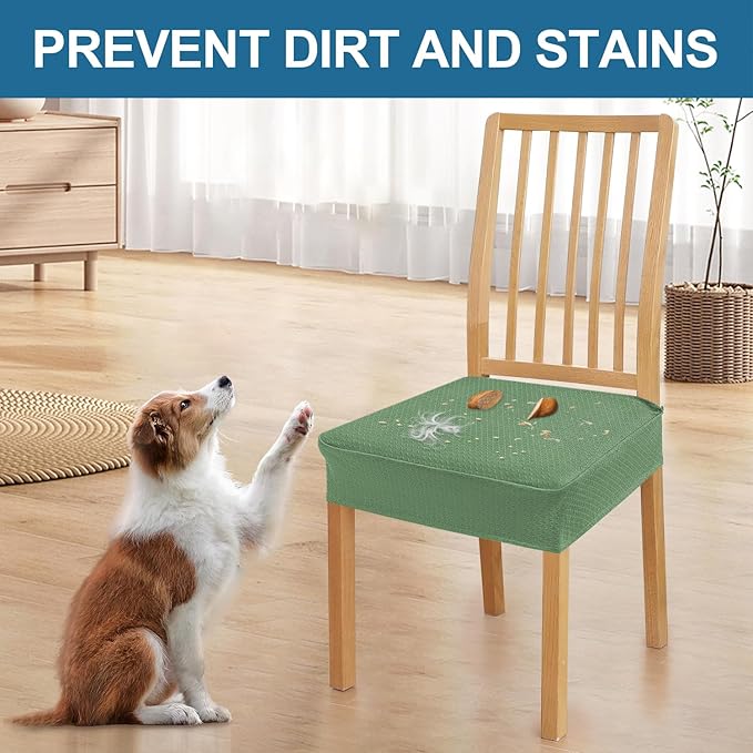Smiry Waterproof Seat Covers for Dining Room Chairs Set of 6, Stretch Jacquard Removable Washable Chair Seat Slipcovers Protector, No Rear Covers, Green