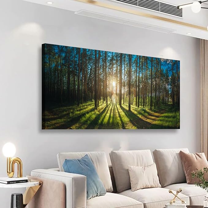 Sunrise Forest Pictures Canvas Wall Art for Living room Office Bedroom Wall Decor,Forest Wall Art Print Paintings Modern Green Nature Landscape Artwork Waterproof Ready to Hang-28x57 inch