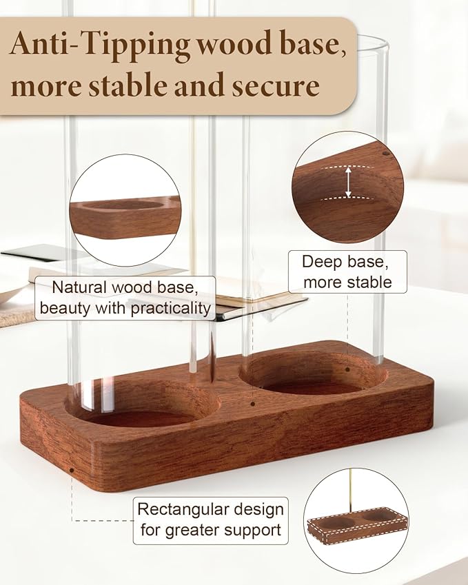 Incense Holder, Large 2 in 1 Incense Sticks Holder, Upside Down Wooden Incense Burner Holder with Glass Ash Catcher & Incense Storage for Meditation Yoga Spa Home Decor, with 20 Incense Sticks & Brush