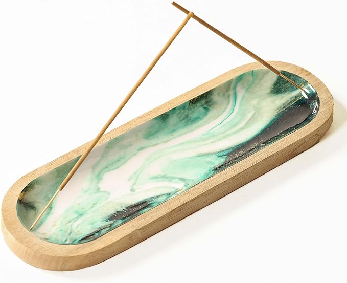 The Art Box Hand-Painted Incense Burner Holder Aquamarine - 12x4x1 inch Wooden Long Incense Stick Tray Holder for Modern Gift, Ash Catcher Incense Stick Holder - Meditation & Yoga