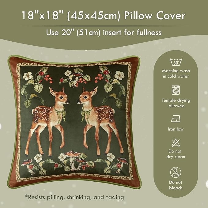 Grandmillennial Holly Deer Green Pillow Cover, Velvet Euro Sham Covers Decorative Throw Pillow Covers 18x18 for Couch Sofa Bed Living Room, Christmas & Holiday