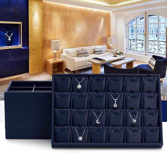 Oirlv Stackable Premium Leather Jewelry Trays 24 Grid Jewelry Organizer for Drawer Rings Earrings Holder Organizer