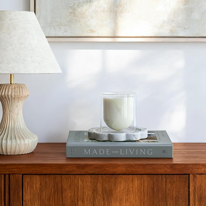 Natural Marble Candle Holder, Elegant Marble Scalloped Tray for Countertop, Solid Feel, Smooth Finish, Catchall for Jar Pillar Candles, Perfume, Key, Jewelry Dish, 6.3" Diameter
