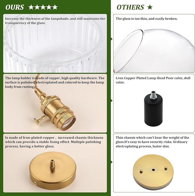 Pendant Light 2 Pack with Clear Striped Glass Lmapshade, Brass Vintage Pendant Light Adjustable Hanging Light for Kitchen Island Dining Room Hallway