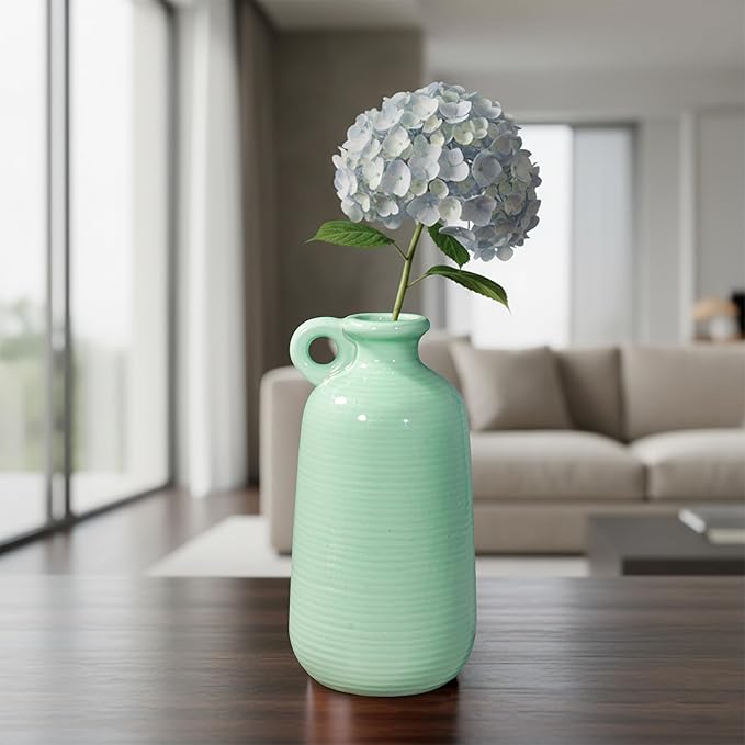 Sunddo Ceramic Flower Vase 10 Inch - Green Decorative Vases with Handle, Modern Vase for Home Decor, Mantel, Living Room, Bedroom, Table, Bedroom Decor