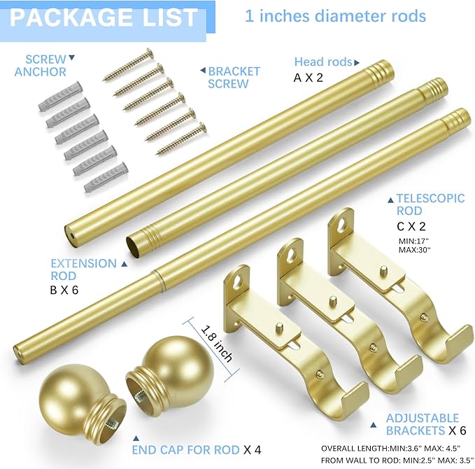 Curtain Rods for Windows 16 to 76 Inches, Curtain Rod Max Adjustable Length of 88 IN, 1" Diameter Drapery Rods Round Finials, Warm Gold, Pack of 2