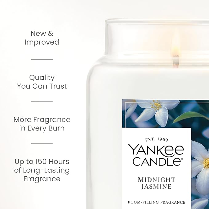 Yankee Candle Midnight Jasmine, Scented Candle, 22oz Large Jar with up to 150 Hour Burn Time, Giftable