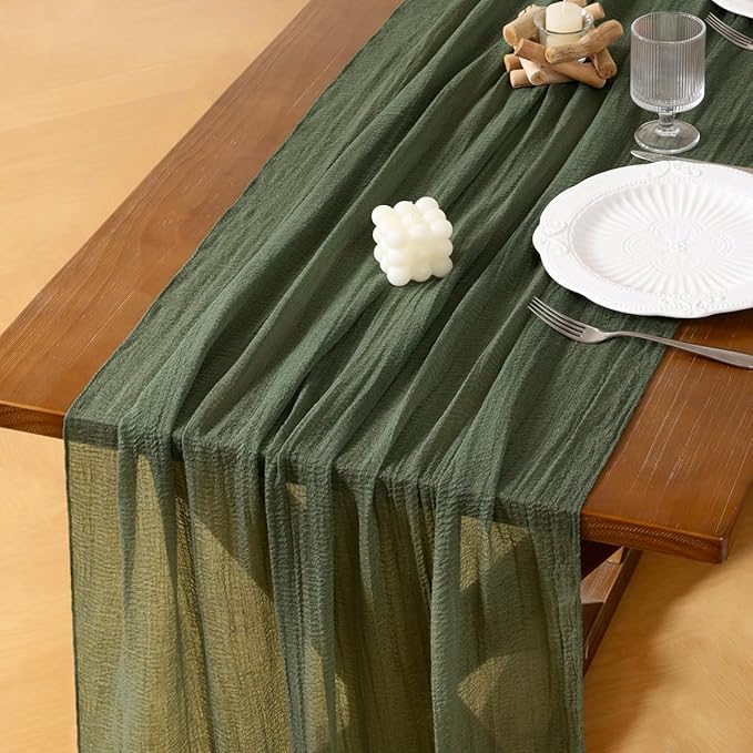 Socomi Green Cheesecloth Table Runner Olive Valentine's Day Gauze 120 Inch Rustic Boho Cheese Cloth Runner for Wedding Party Baby Bridal Shower Centerpiece Decoration Holiday Home Decorations