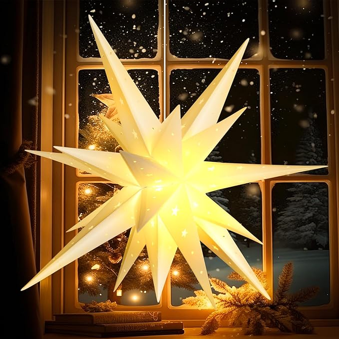 21 Inches White Large Moravian Stars Lights Warm White Hanging Outdoor Christmas Light LED Hanging Star Lights 3D Christmas Tree Topper Star for Holiday Wedding Porch Decor