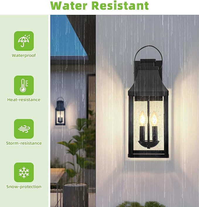 tewei 20'' Outdoor Wall Light, Porch Light Outdoor Wall Sconce Lantern, 2-Light Modern Black Exterior Lighting Fixture Wall Mount, Outside Light for House Garage, 1-Pack