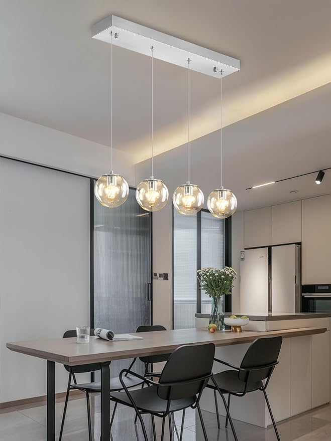 Modern Kitchen Island Lighting Linear Chandeliers for Dining Room 4-Light Glass Globe Hanging Pendant Light for Living Room Hallway Bedroom