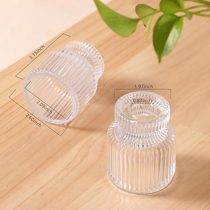 6 Pcs Clear Glass Candlestick Holders with Vertical Stripes - Dual-Use for Taper Candles & Votive/Tea Lights, Taper Candle Holders for Dining Table, Wedding, Home, Party Decor, Gifts