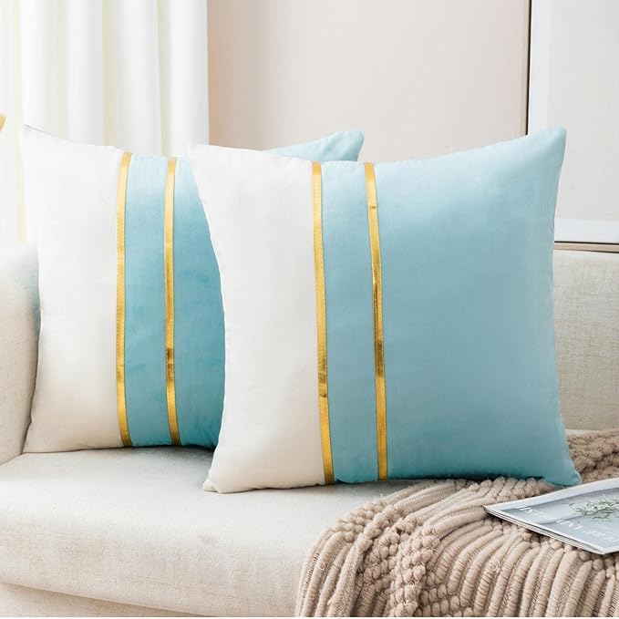 ZLINA Set of 2 Velvet Decorative Throw Pillow Covers Aqua Green White Patchwork with Gold Leather Pillow Covers 16 × 16 Inch Cushion Covers Decor Living Room Sofa Bedroom Car