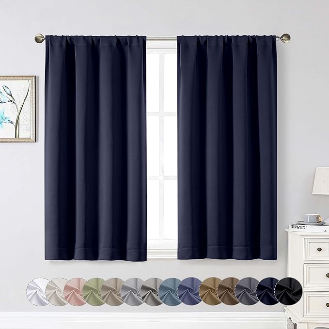 Navy Blue Room Darkening Curtains for Bedroom Living Room 45 Inch Length 2 Panels Set, Soft Solid Thermal Insulated Rod Pocket Short Curtains Drapes, Navy Blue, 2PCS Each 40" Wx45 L