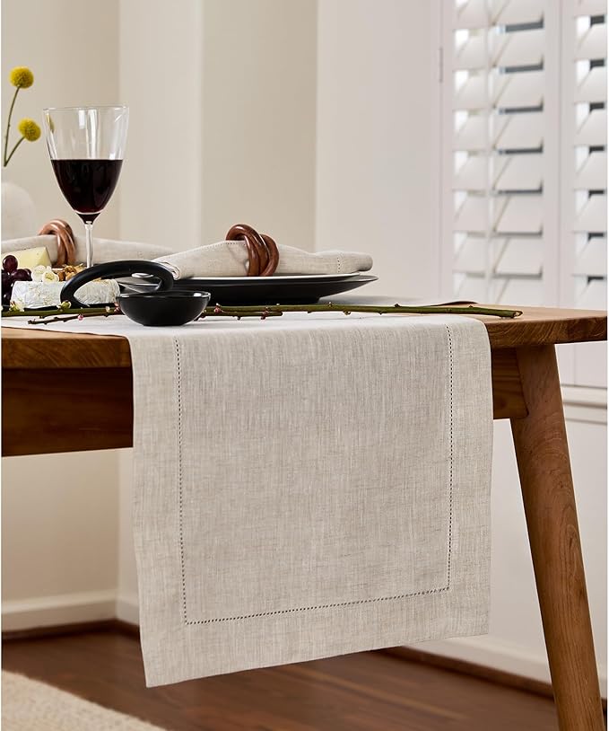 Solino Home Linen Light Natural Table Runner 132 Inches Long - 100% Pure Linen Extra Long Table Runner 14 x 132 Inch for Spring, Easter - Classic Hemstitch