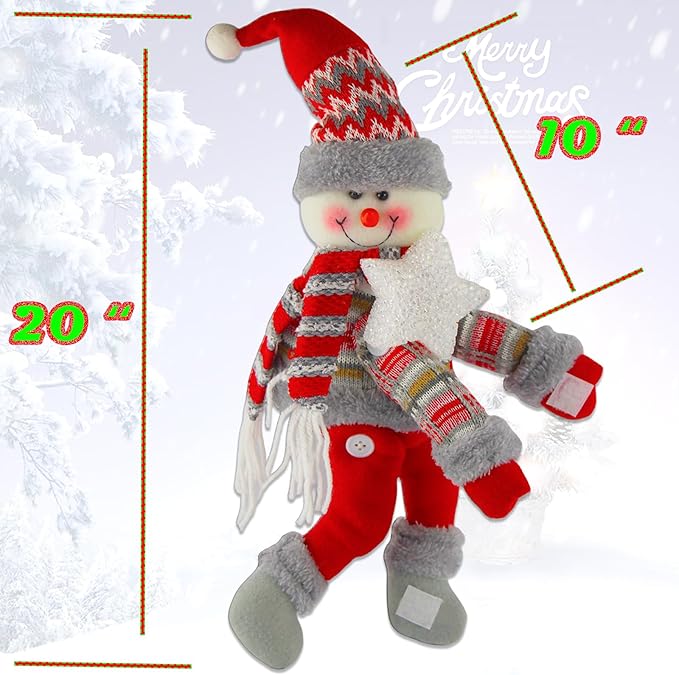 Christmas Plush Snowman Tree Topper with Lighted Red Star - Multifunctional Xmas Treetop Ornament, Home Curtain Tie & Hugger Wine Bottle Party Decoration