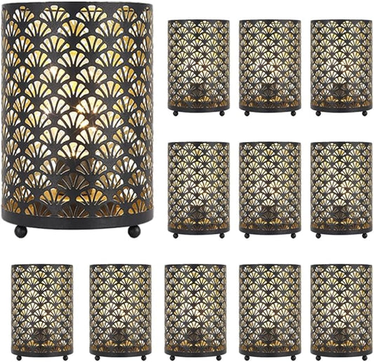 TRIROCKS Set of 12 Table Lamp 6.5'' Tall Metal Cordless Table Lamp Bronze Lanterns with Warm Fairy Lights Bulb for Patio Garden Wedding Parties Indoor Outdoor(Scalloped Hollow Pattern)