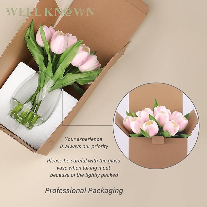 WELL KNOWN 12 Pcs Tulips Artificial Flowers in Vase, Real Touch Tulips with Vase with Upgrate Acrylic Water Flower Arrangements Centerpiece for Dining Room Table Decoration（Pink）