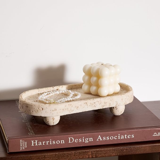 DN DECONATION Resin Decorative Tray with Legs, 4 Footed Coffee Table Trays Decor, Travertine Look Vanity Tray for Perfume Jewelry Bathroom Soap Kitchen Countertop Dresser, Oval 9.53x1.97in