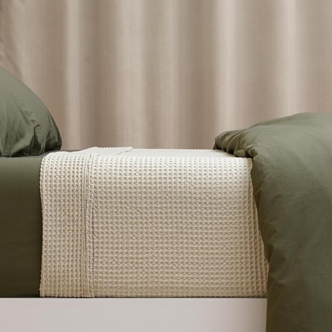 PHF 100% Cotton Waffle Weave Blanket Queen Size for Bed, Snag Proof Lightweight Breathable Moisture-wicking Throw for Couch, Great for Layering in Cold, Machine Washable, Home Decor Gift - Linen/Stone